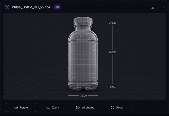 3D model preview with rotate, zoom and wireframe controls