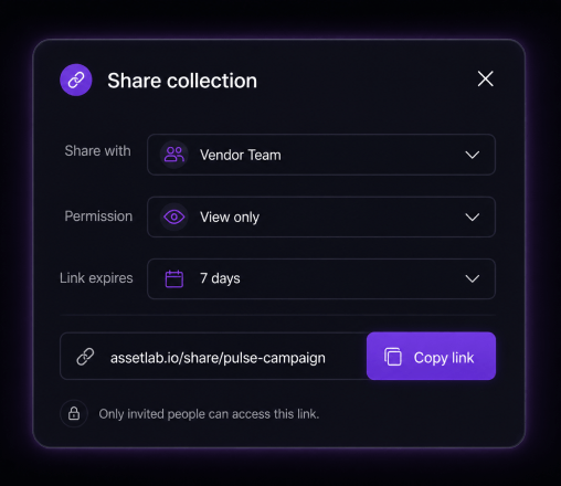Share collection modal with permissions and expiring links