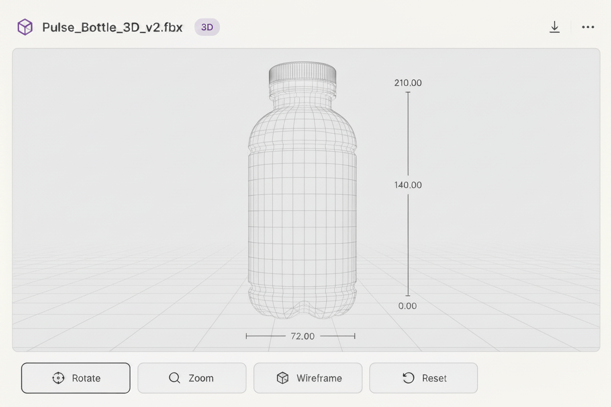 3D model preview with rotate, zoom and wireframe controls