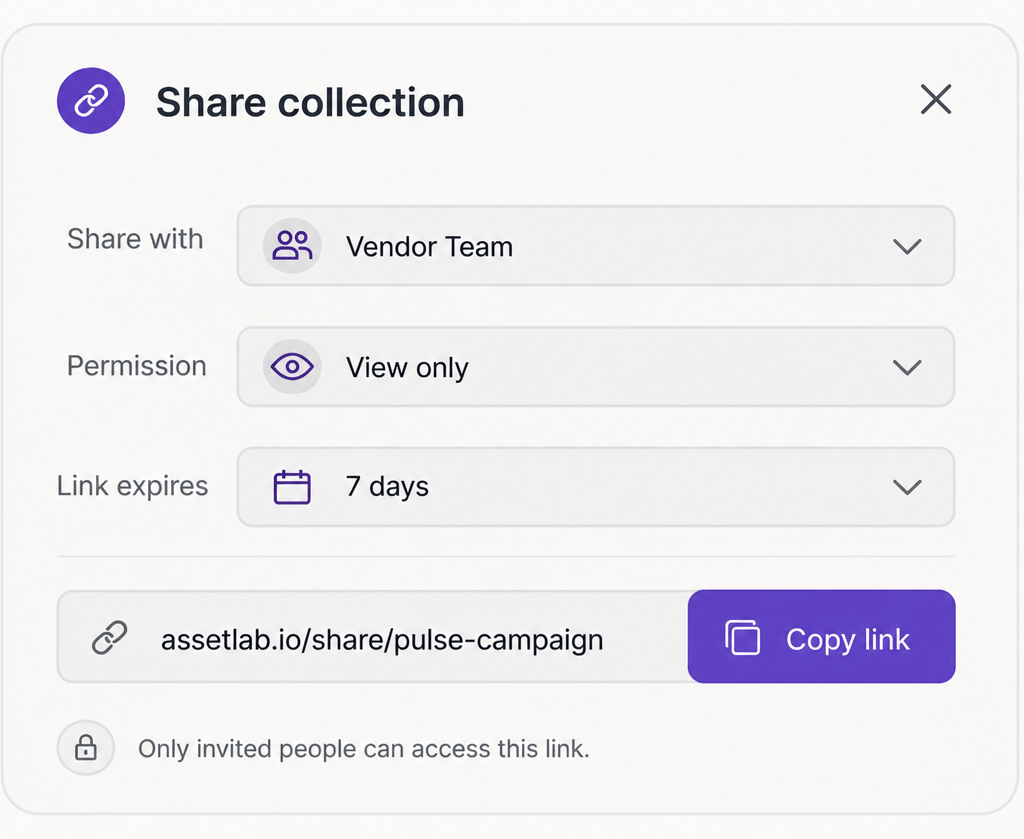 Share collection modal with permissions and expiring links